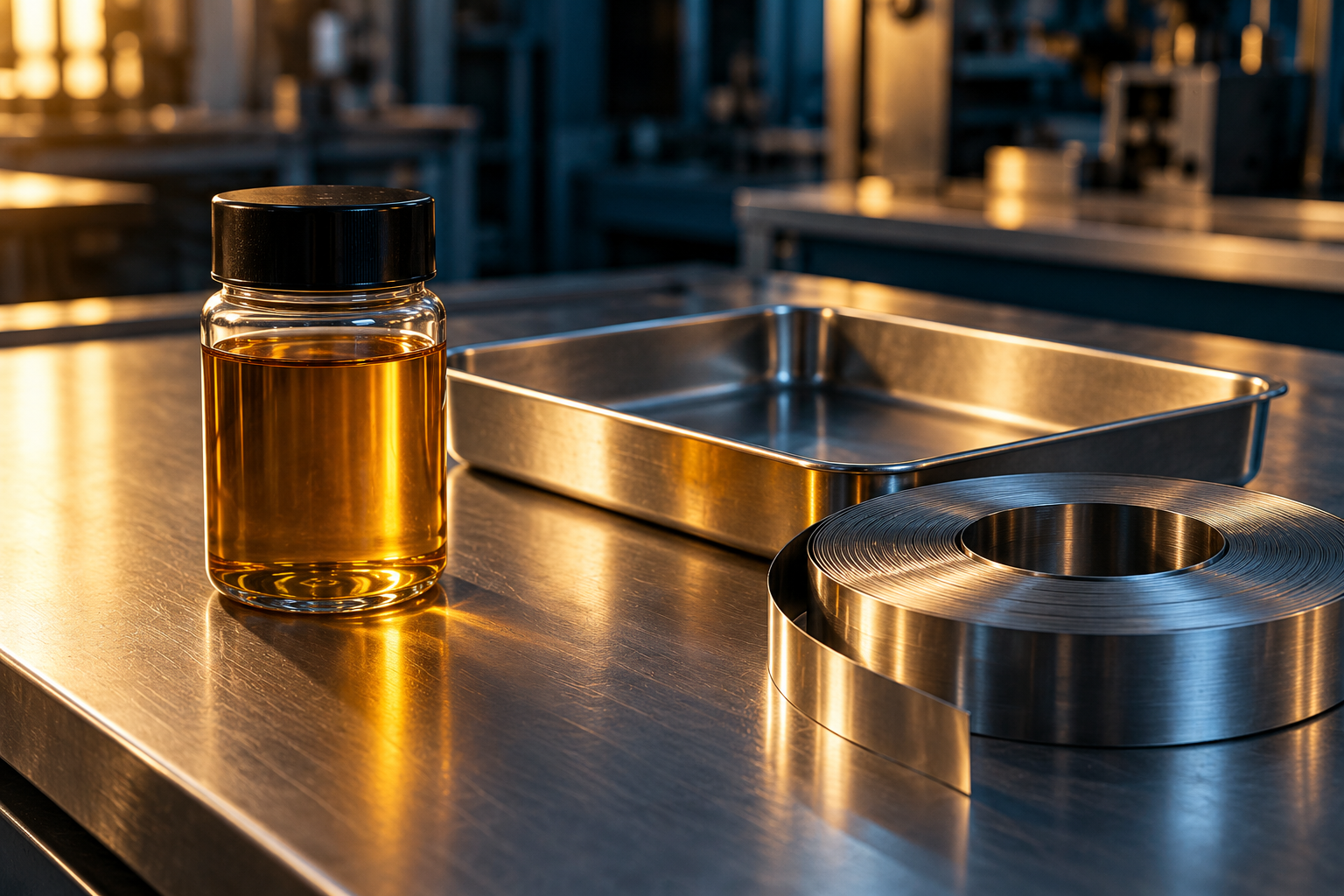 Illustrative raw materials with an unbranded amber liquid container, metal coil and steel tray