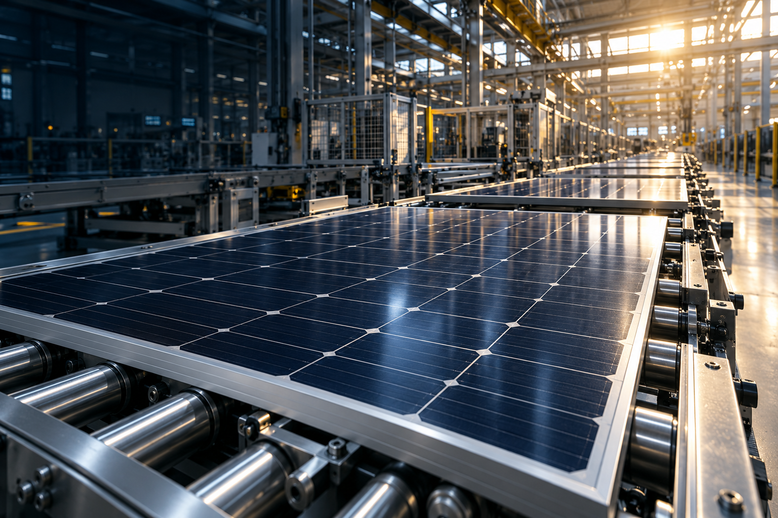 Illustrative solar module production line with roller conveyors and warm factory light