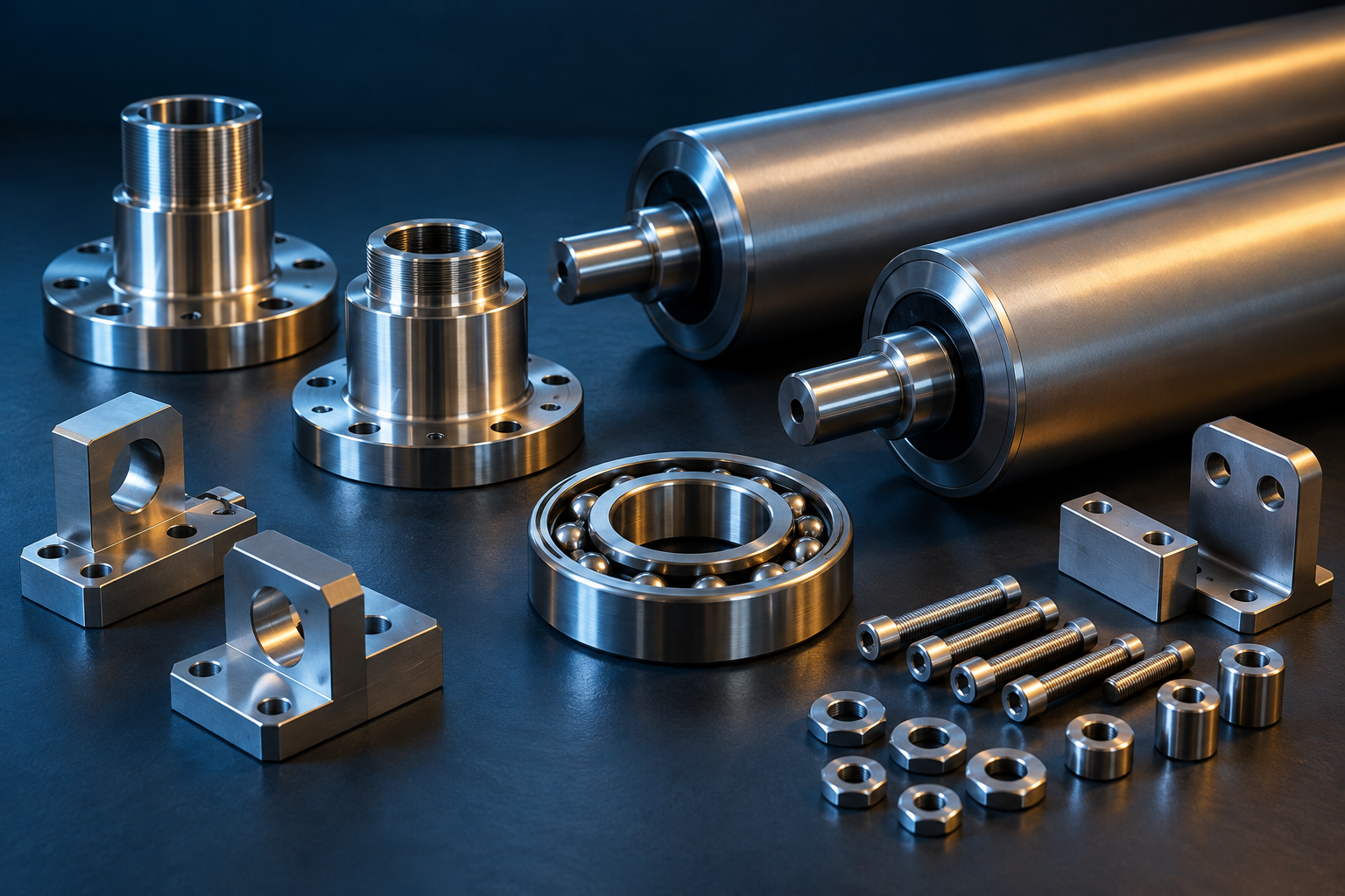Illustrative precision metal components, bearings and rollers on a workshop surface