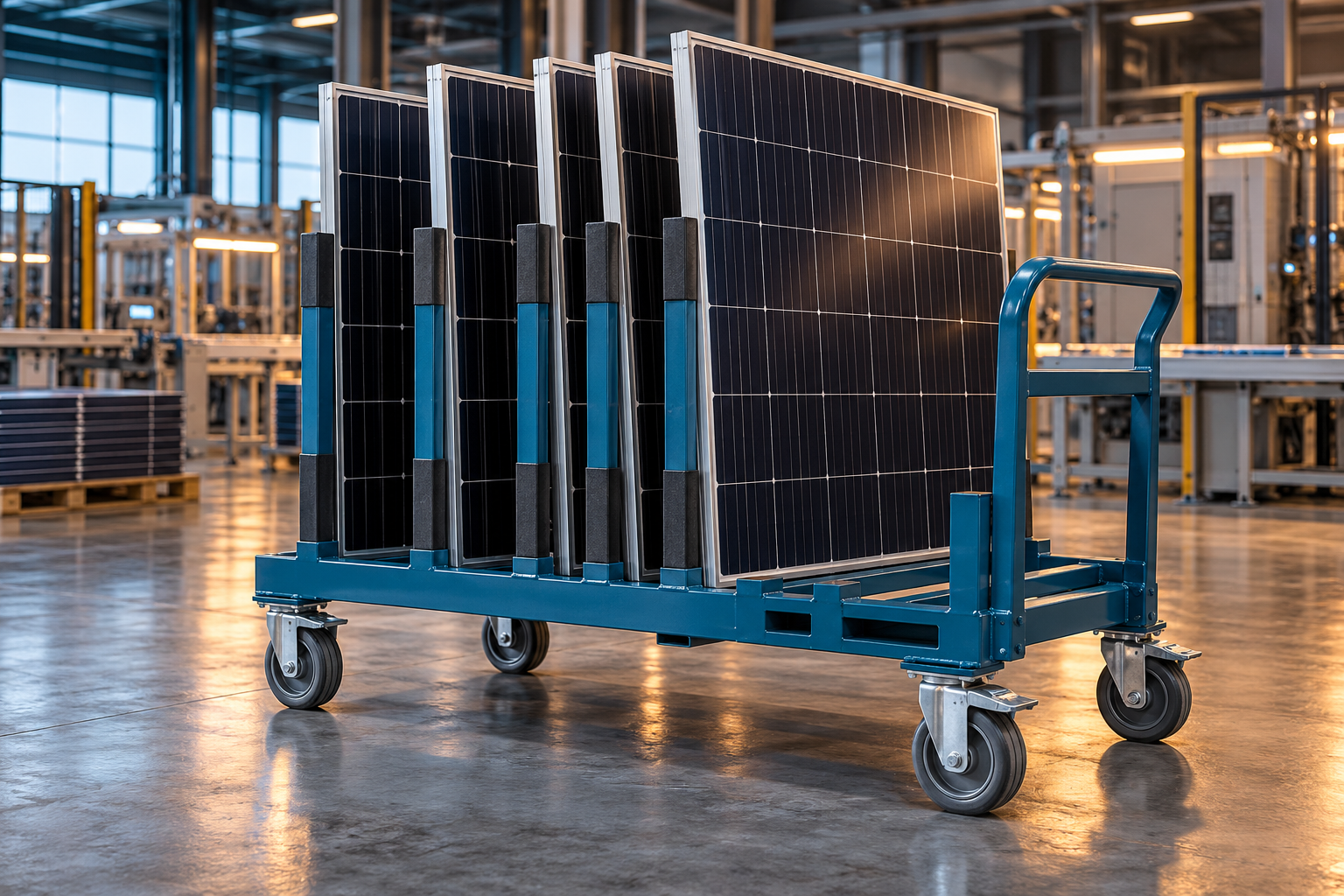 Illustrative custom teal steel trolley holding upright photovoltaic modules